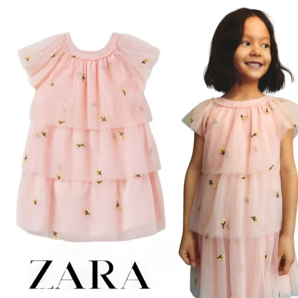 ZARA Kids | Beige-Pink | FLORAL EMBROIDERED TULLE DRESS - Picture 1 of 6